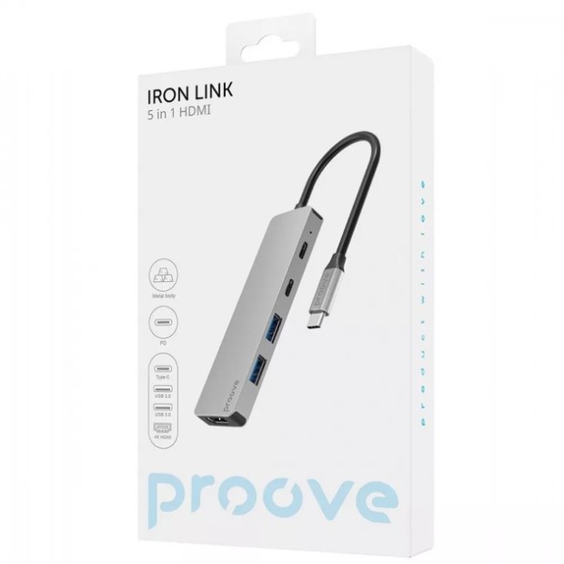 Перехідник USB HUB Proove Iron Link 5-в-1 (Type-C) (2 Type-C /  2 USB 3.0 /  1 HDMI) (Срібний)