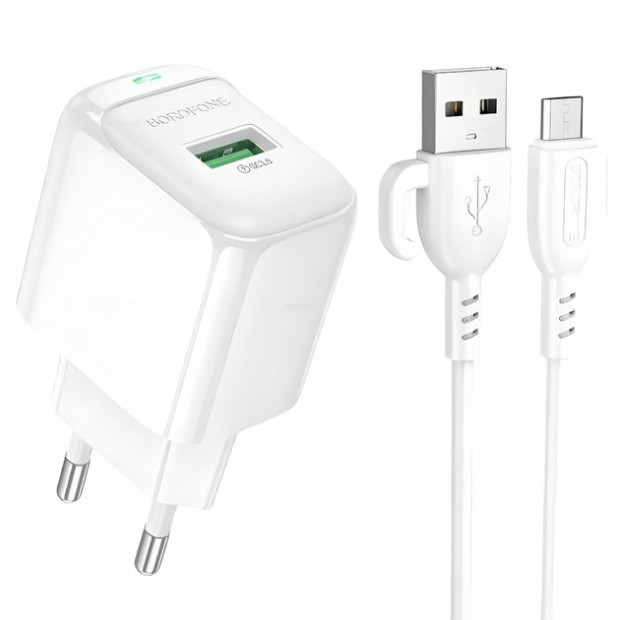 Зарядний адаптер USB Borofone BAS42A QD 18W (1USB) + кабель MicroUSB (Білий)