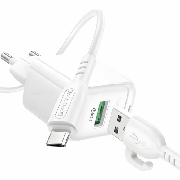 Зарядний адаптер USB Borofone BAS42A QD 18W (1USB) + кабель MicroUSB (Білий)