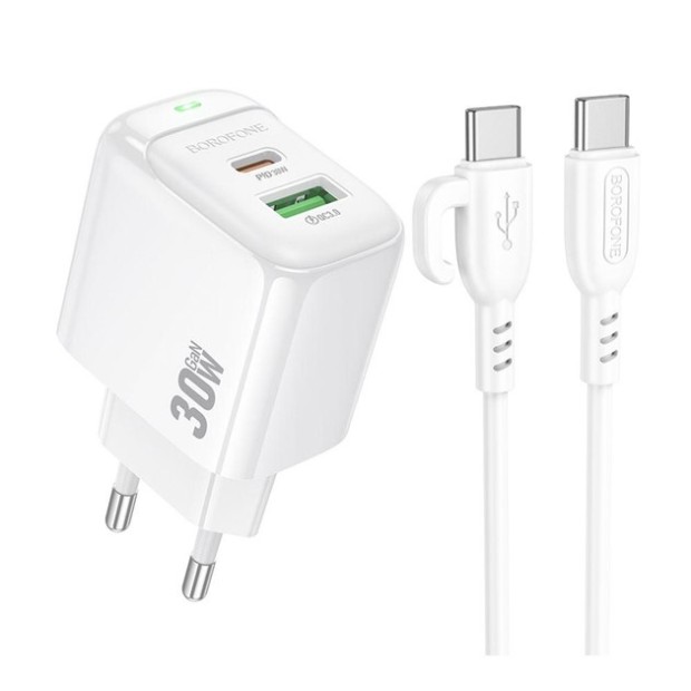 Adapter USB Borofone BAS45A QD 30W (1USB  /  1Type-C) + Type-C Cable (White)