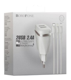 Адаптер живлення Borofone BA2A 2.4A 2USB + кабель 3в1