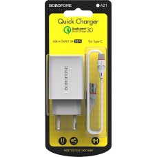 Borofone BA21A QC 3.0 18W USB Charger Adapter + Type-C Cable (White)