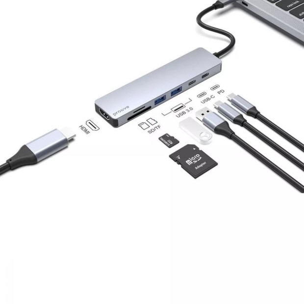 Перехідник USB HUB Proove Iron Link 7-в-1 (Type-C) (2 Type-C /  2 USB 3.0 /  1 SD / TF /  1 HDMI) (Сріблястий)