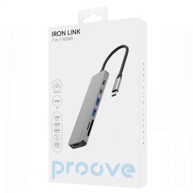 Перехідник USB HUB Proove Iron Link 7-в-1 (Type-C) (2 Type-C /  2 USB 3.0 /  1 SD / TF /  1 HDMI) (Сріблястий)
