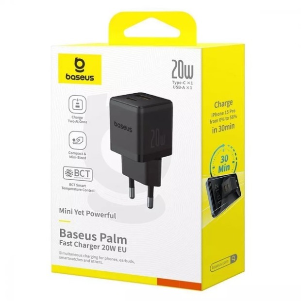 Baseus Palm 20W PD Power Adapter (1 Type-C / 1 USB) + Type-C to Type-C Cable (Black) P10111608113-01 Baseus Palm 20W PD Power Adapter (1 Type-C / 1 USB) + Type-C to Type-C Cable (Black) P10111608113-01