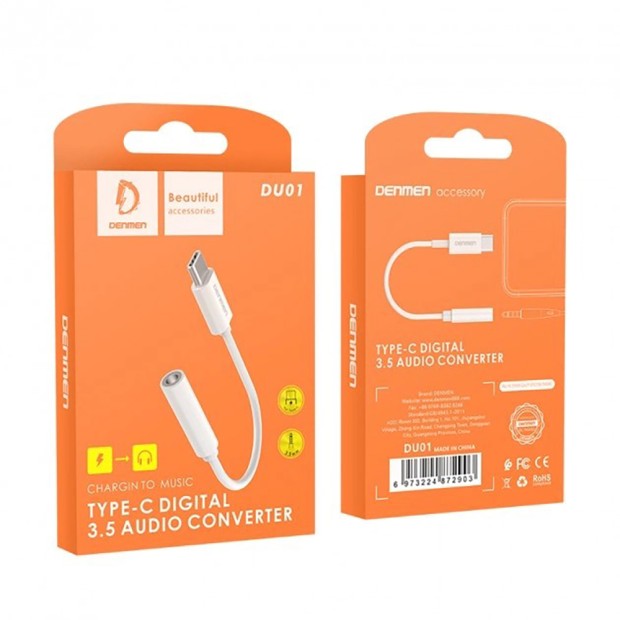 Адаптер Denmen DU01 Type-C на AUX 3.5 мм аудіо конвертер (білий)