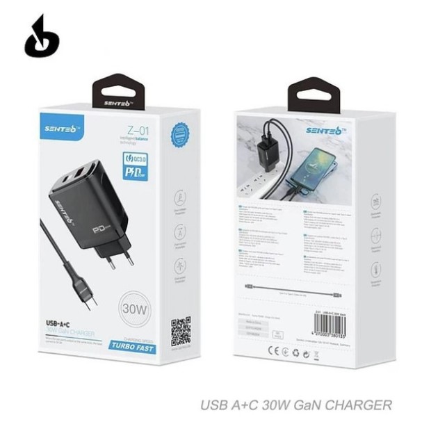 Адаптер живлення USB Senteo Z-03 PD QC3.0 20W (1USB / 1Type-C) (Чорний) Адаптер живлення USB Senteo Z-03 PD QC3.0 20W (1USB / 1Type-C) (Чорний)