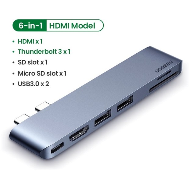 Адаптер UGREEN CM380 (Type-C на HDMI  /  2USB 3.0  /  TF  /  SD  /  USB-C) (космічний сірий) (80856)