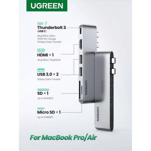 Адаптер UGREEN CM380 (Type-C на HDMI  /  2USB 3.0  /  TF  /  SD  /  USB-C) (космічний сірий) (80856)