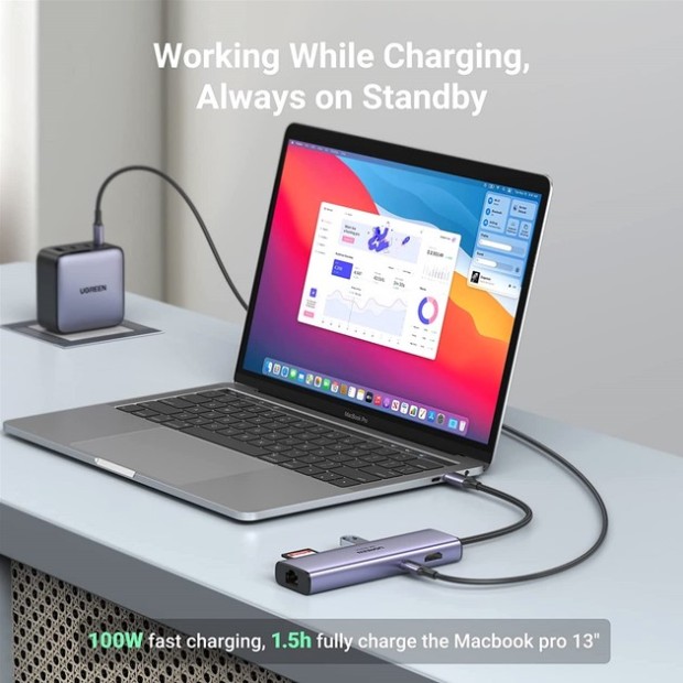 Перехідник UGREEN CM512 (USB-C на 2USB 3.0  /  HDMI  /  RJ45  /  SD / TF  /  AUX 3.5 мм  /  PD) (Сірий)