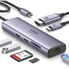 Перехідник UGREEN CM512 (USB-C на 2USB 3.0  /  HDMI  /  RJ45  /  SD / TF  /  AUX 3.5 мм  /  PD) (Сірий)