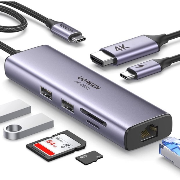 Перехідник UGREEN CM512 (USB-C на 2USB 3.0  /  HDMI  /  RJ45  /  SD / TF  /  AUX 3.5 мм  /  PD) (Сірий)
