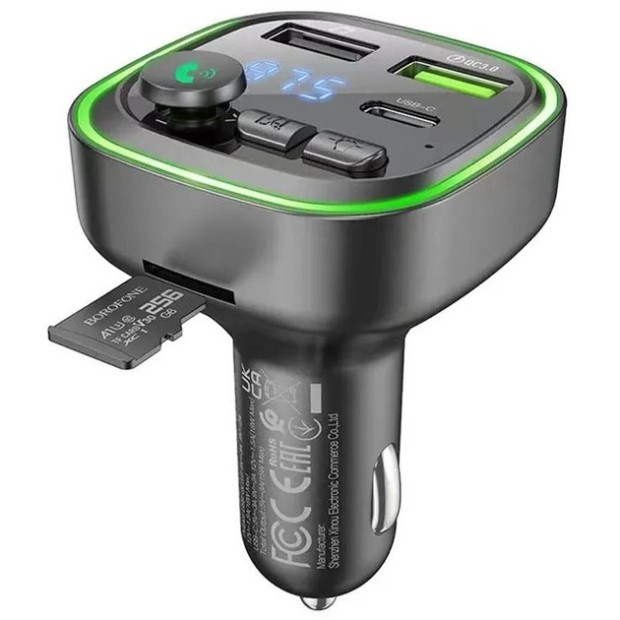 FM-модулятор Borofone BС48 Eminency + 2USB  /  1Type-C QC (Чорний)