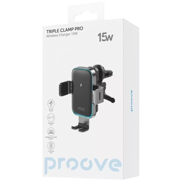 Автодержатель с беспроводной зарядкой Proove Triple Clamp Pro 15W (Серый)