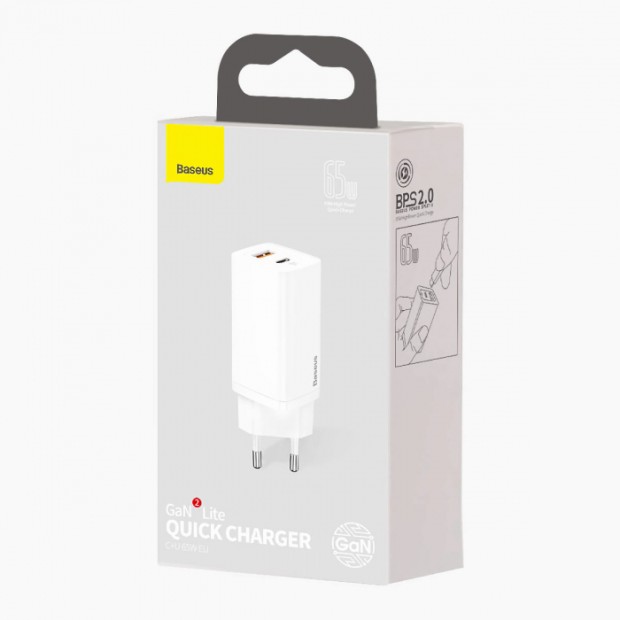 Baseus GaN2 Lite 65W Charger Adapter (1USB / 1Type-C) (White) CCGAN2L-B02 Baseus GaN2 Lite 65W Charger Adapter (1USB / 1Type-C) (White) CCGAN2L-B02