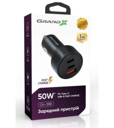 АЗП-адаптер Grand-X CH-39B 50W (1USB  /  2Type-C) (Чорний) GX