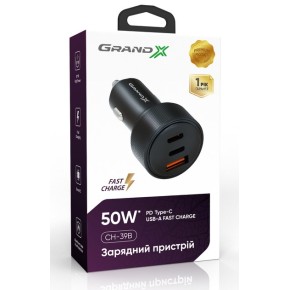 АЗП-адаптер Grand-X CH-39B 50W (1USB  /  2Type-C) (Чорний) GX