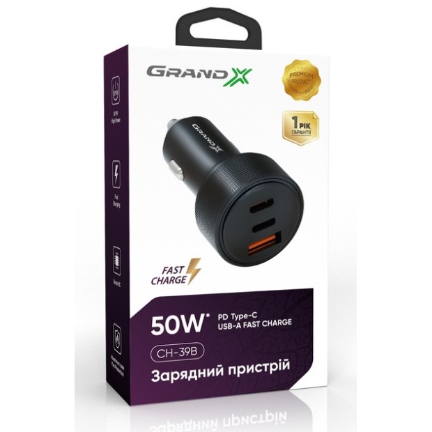 АЗП-адаптер Grand-X CH-39B 50W (1USB  /  2Type-C) (Чорний) GX