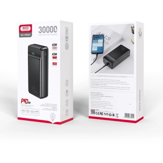 Зовнішній акумулятор XO PR201 30000mAh PD 65W + QC 22.5W (Чорний) U