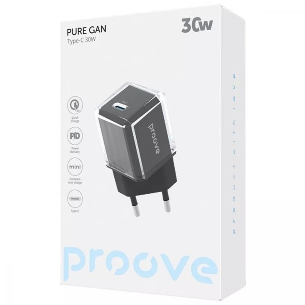 Чорний зарядний пристрій Proove Pure GaN 30W з одним портом Type-C (модель WCPU30012201).