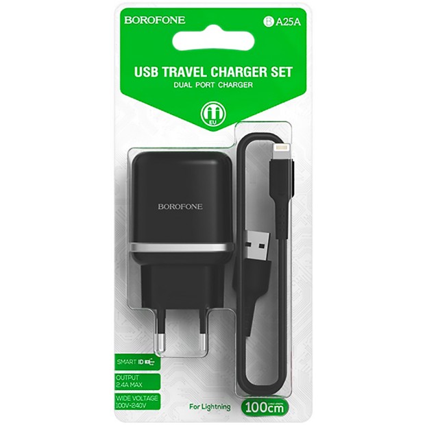 Borofone BA25A 2USB 2.4A Power Adapter with Lightning Cable (Black)