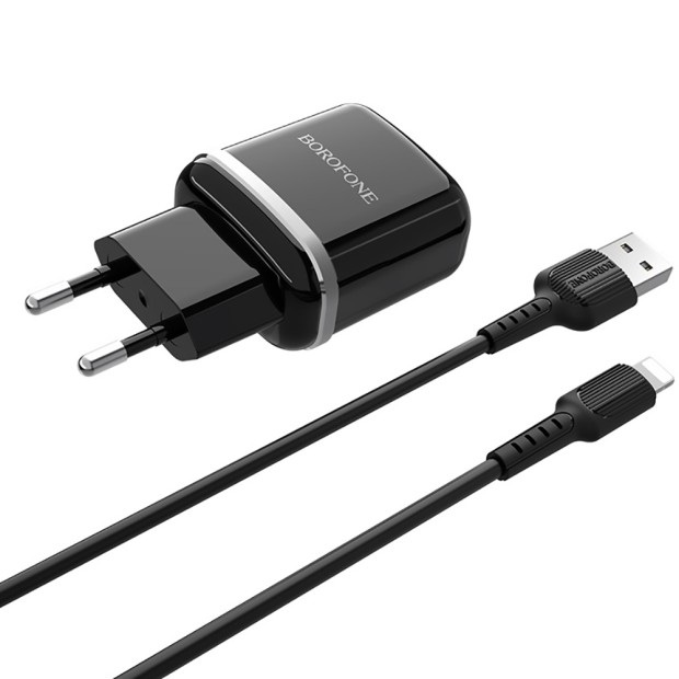 Borofone BA25A 2USB 2.4A Power Adapter with Lightning Cable (Black)