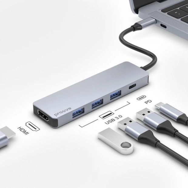 Перехідник USB HUB Proove Iron Link 5-в-1 (Type-C) (1 Type-C /  3 USB 3.0 /  1 HDMI) (Сріблястий)