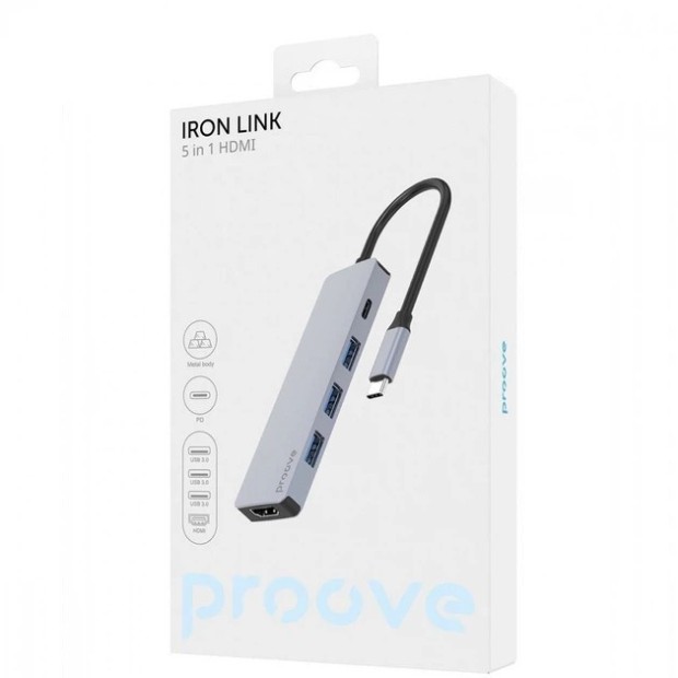 Перехідник USB HUB Proove Iron Link 5-в-1 (Type-C) (1 Type-C /  3 USB 3.0 /  1 HDMI) (Сріблястий)