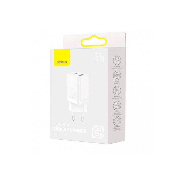 СЗУ-адаптер Baseus Super Si Pro 30W (1Type-C / 1USB) (Белый) CCSUPP-E02