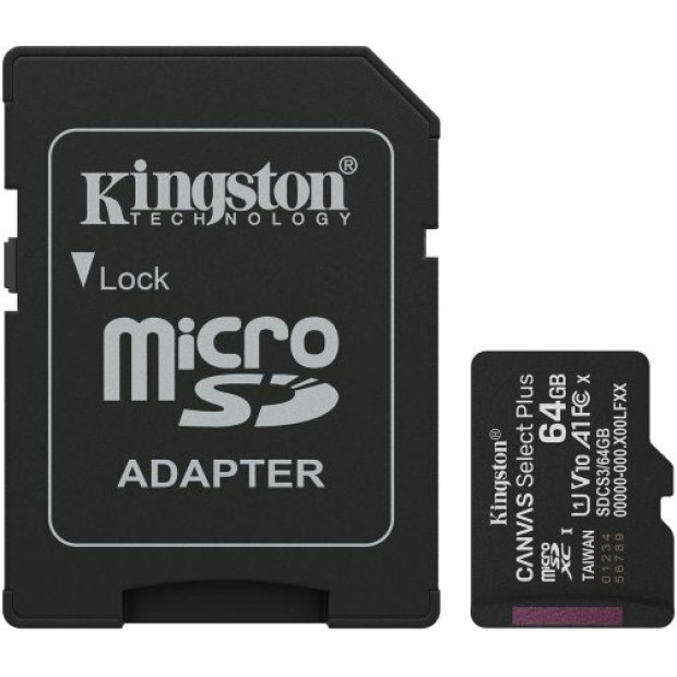 Карта пам'яті Kingston Canvas Select Plus Gen3 MicroSDXC 64Gb (UHS-1) (A1) (Class 10) + SD адаптер Карта пам'яті Kingston Canvas Select Plus Gen3 MicroSDXC 64Gb (UHS-1) (A1) (Class 10) + SD адаптер