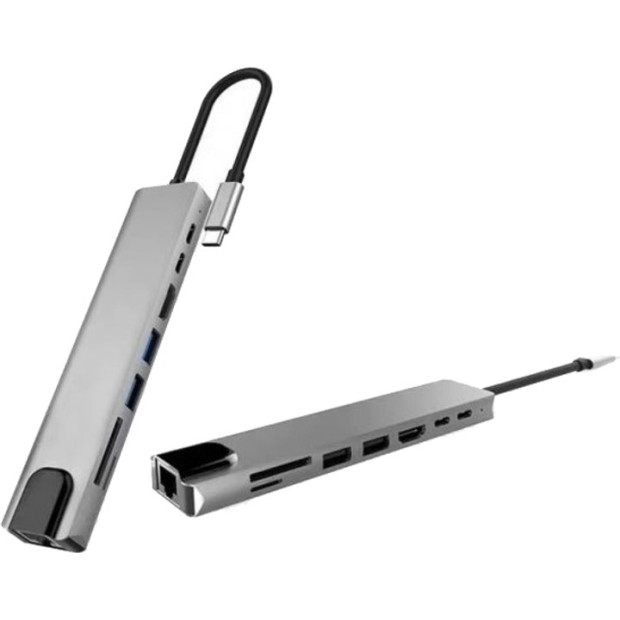 Переходник USB HUB XoKo AC-550 8in1 (Type-C to RJ45/HDMI/2USB3.0/TF/SD/2Type-C) (Серый) XK-AC550-SL