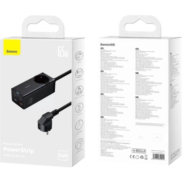 Адаптер Baseus GaN3 Pro Desktop Powerstrip 65W (2Type-C  /  2USB  /  AC) (Чорний)