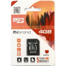 Карта памяти Mibrand MicroSDHC 4Gb (Class 6) + SD-адаптер