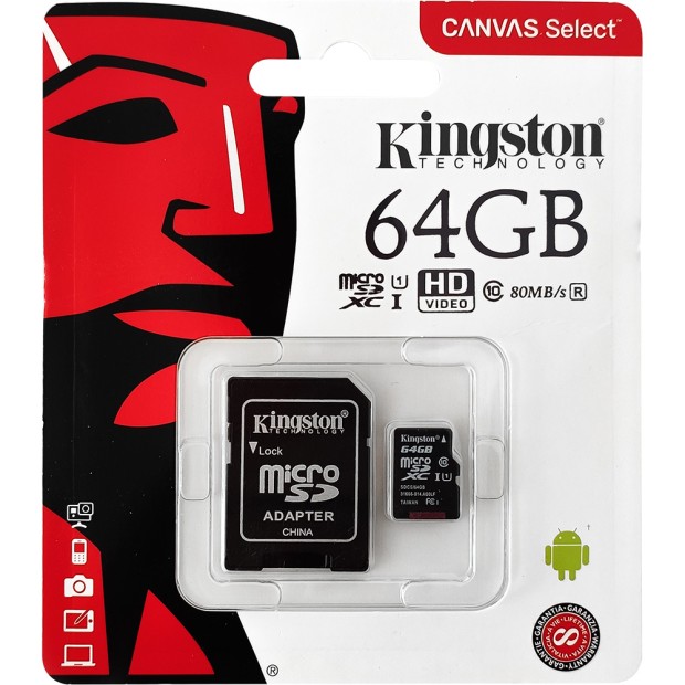 Карта памяти Kingston Canvas Select Plus MicroSDXC 64Gb (UHS-1) (Class 10) + SD-адаптер
