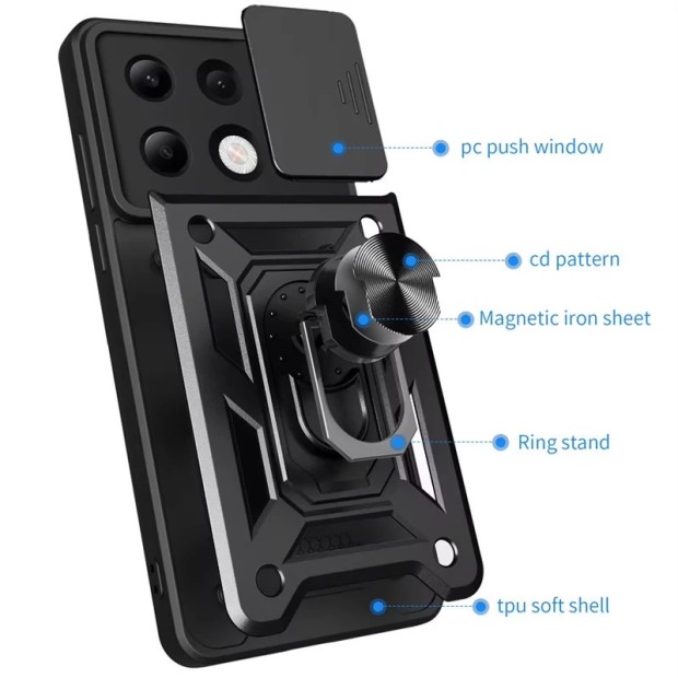 Бронь-чехол Ring Serge Armor ShutCam Case Xiaomi Redmi Note 13 Pro 4G / Poco M6 Pro 4G (Чёрный)