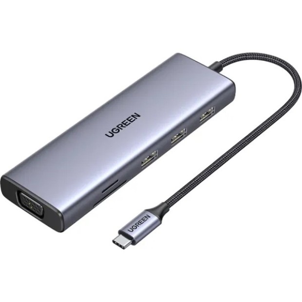 Переходник UGREEN CM498 (USB-C to 3USB 3.0 / HDMI / VGA / RJ45 Gigabit / SD/TF / AUX3.5mm/PD) (Gray)