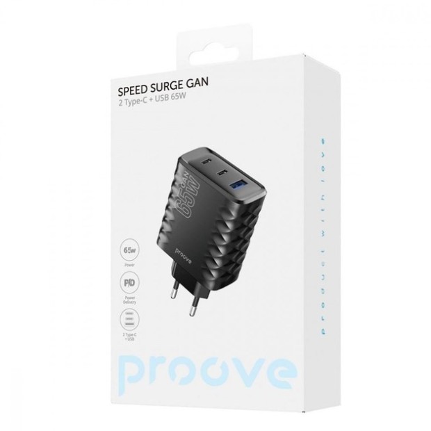 СЗУ-адаптер Proove Speed Surge Gan 65W (2Type-C / 1USB ) (Чёрный)