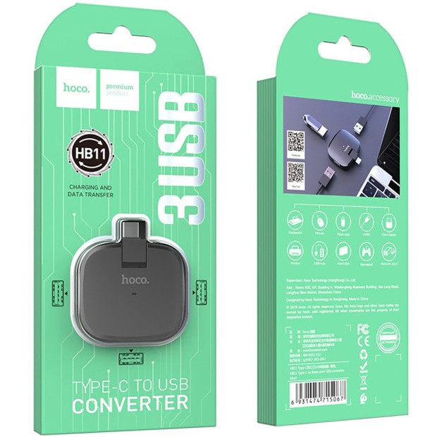 Перехідник USB HUB Hoco HB11 (3 USB 2.0, Type-C)