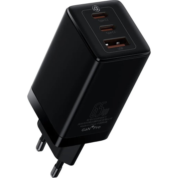 СЗУ-адаптер Baseus GaN3 Pro 65W (2Type-C / 1USB) + кабель Type-C to Type-C (Black)