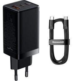 СЗУ-адаптер Baseus GaN3 Pro 65W (2Type-C / 1USB) + кабель Type-C to Type-C (Blac..