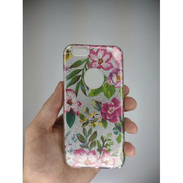 Силікон Glitter Apple iPhone 6 / 6s (Silver Flowers)