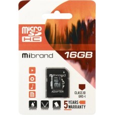 Карта памяти Mibrand MicroSDHC 16Gb (UHS-1) (Class 10) + SD-адаптер