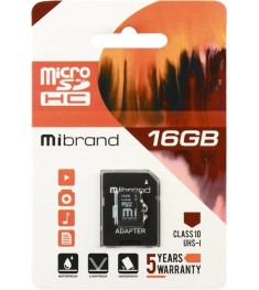 Карта памяти Mibrand MicroSDHC 16Gb (UHS-1) (Class 10) + SD-адаптер