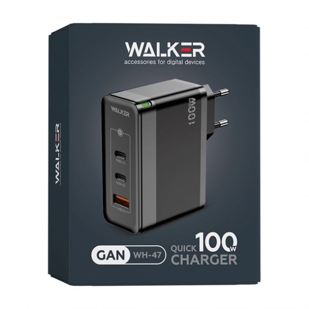 СЗУ-адаптер Walker WH-47 100W GAN (1USB / 2Type-C) (Чёрный)