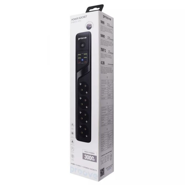 Сетевой удлинитель Proove Power Strip P-04 (4розетки + 4USB + 2Type-C) (2m) (Чёрный)