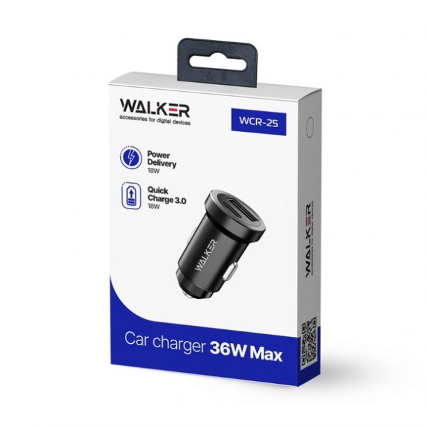 АЗУ-адаптер Walker WCR-25 QC3.0 PD 3A 36W (1USB / 1Type-C) (Чёрный)