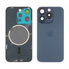 Заднее стекло корпуса для Apple iPhone 15 Pro Blue Titanium (синее) с рамкой и стеклом камеры