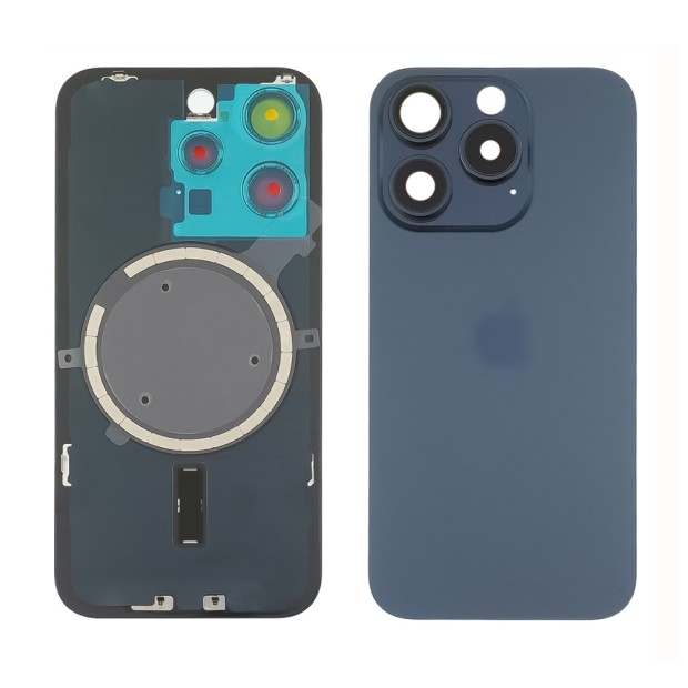 Заднее стекло корпуса для Apple iPhone 15 Pro Blue Titanium (синее) с рамкой и стеклом камеры