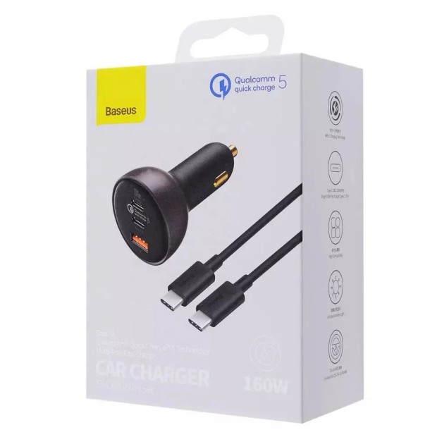 АЗУ-адаптер Baseus Qualcomm TZCCZM-0G 160W (2Type-C / USB) + кабель Type-C - Type-C (Gray)