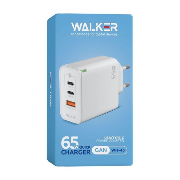 СЗУ-адаптер Walker WH-45 65W GAN (1USB / 2Type-C) (Белый)